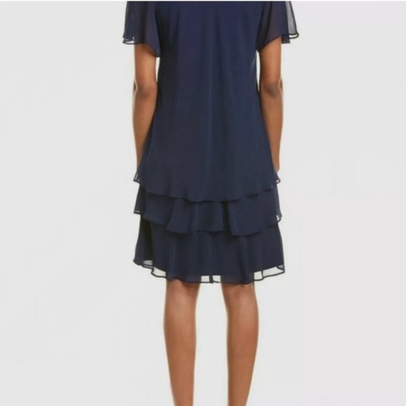 Onyx Nites Navy Flutter Sleeve Chiffon Shift Ruffled Hem Party Dress Sz 8 - Picture 2 of 9